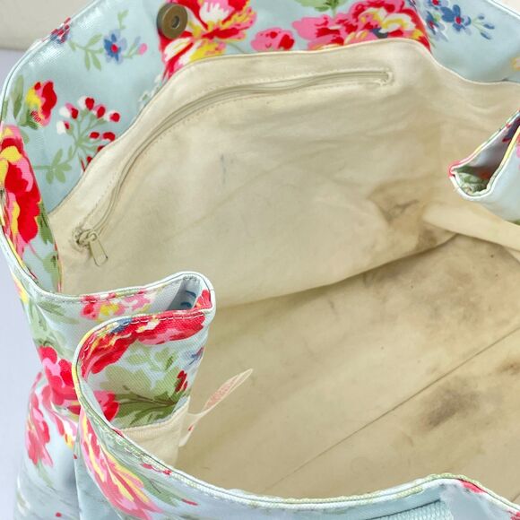 ~ Rare Cath Kidston XL Bag Tote Floral Coated Blue Handles Snap Zip Lined Pocket - Picture 5 of 16